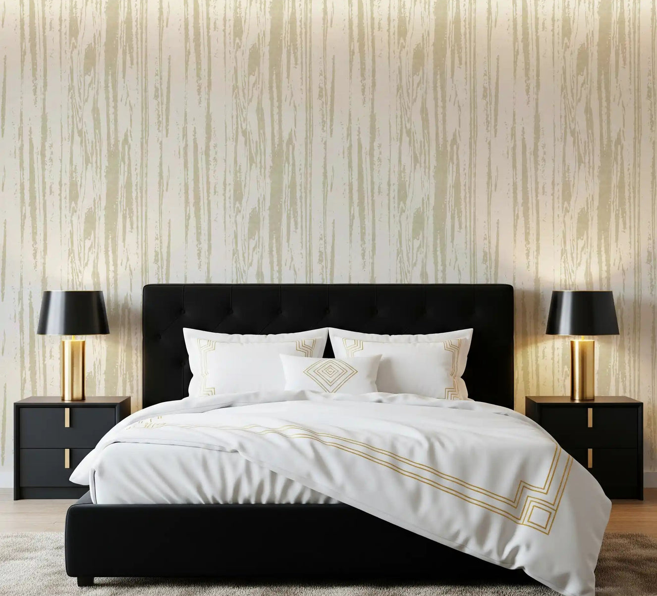 Abstract woodgrain wallpaper with vertical organic lines in master bedroom.