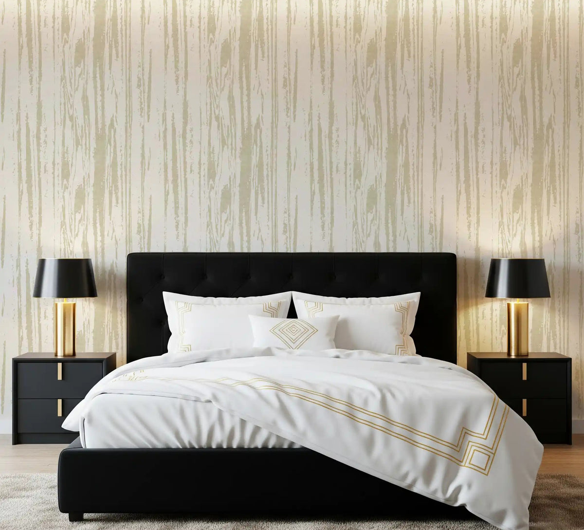 Abstract woodgrain wallpaper with vertical organic lines in master bedroom., GD9991
