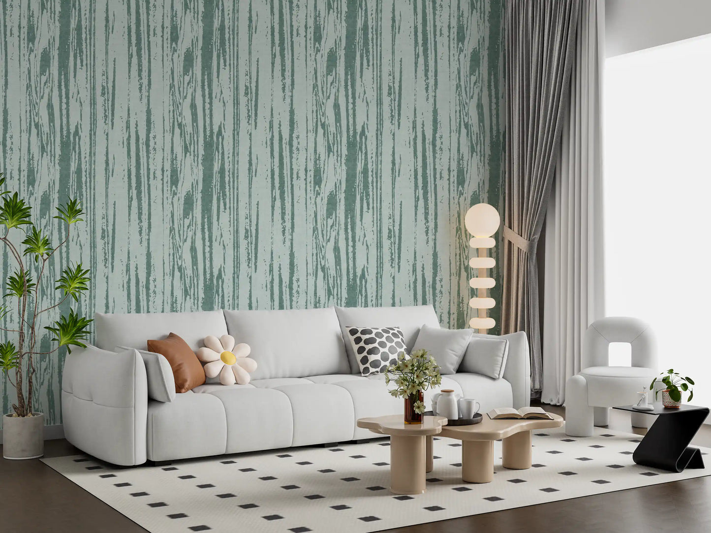 Vertical organic lines in muted blue with weathered texture wallpaper.