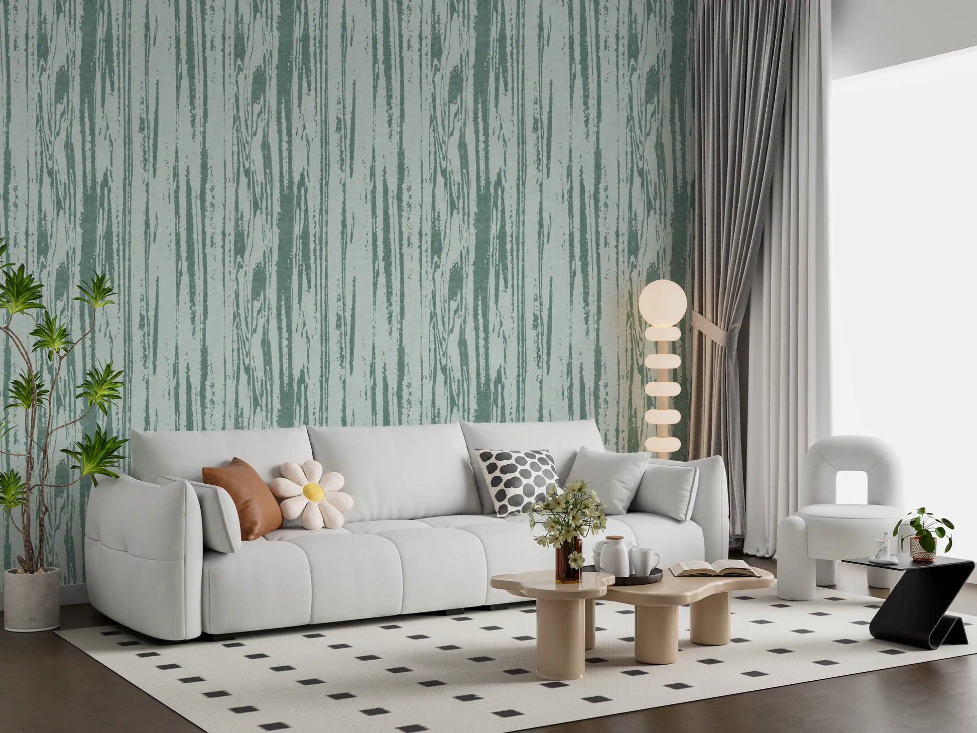 Vertical organic lines in muted blue with weathered texture wallpaper.
