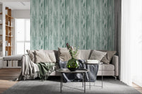 Abstract woodgrain pattern wallpaper with layered grey and cream tones in hallway.