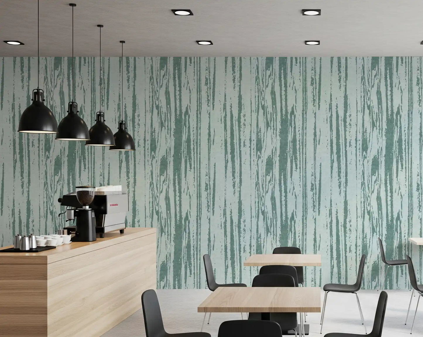 Contemporary geometric texture wallpaper with soft organic line art in cafe.