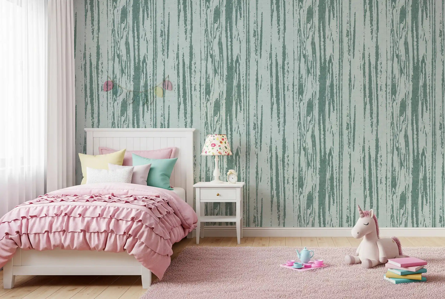 Contemporary striped wallpaper featuring soft seafoam and sage hues in kids bedroom.
