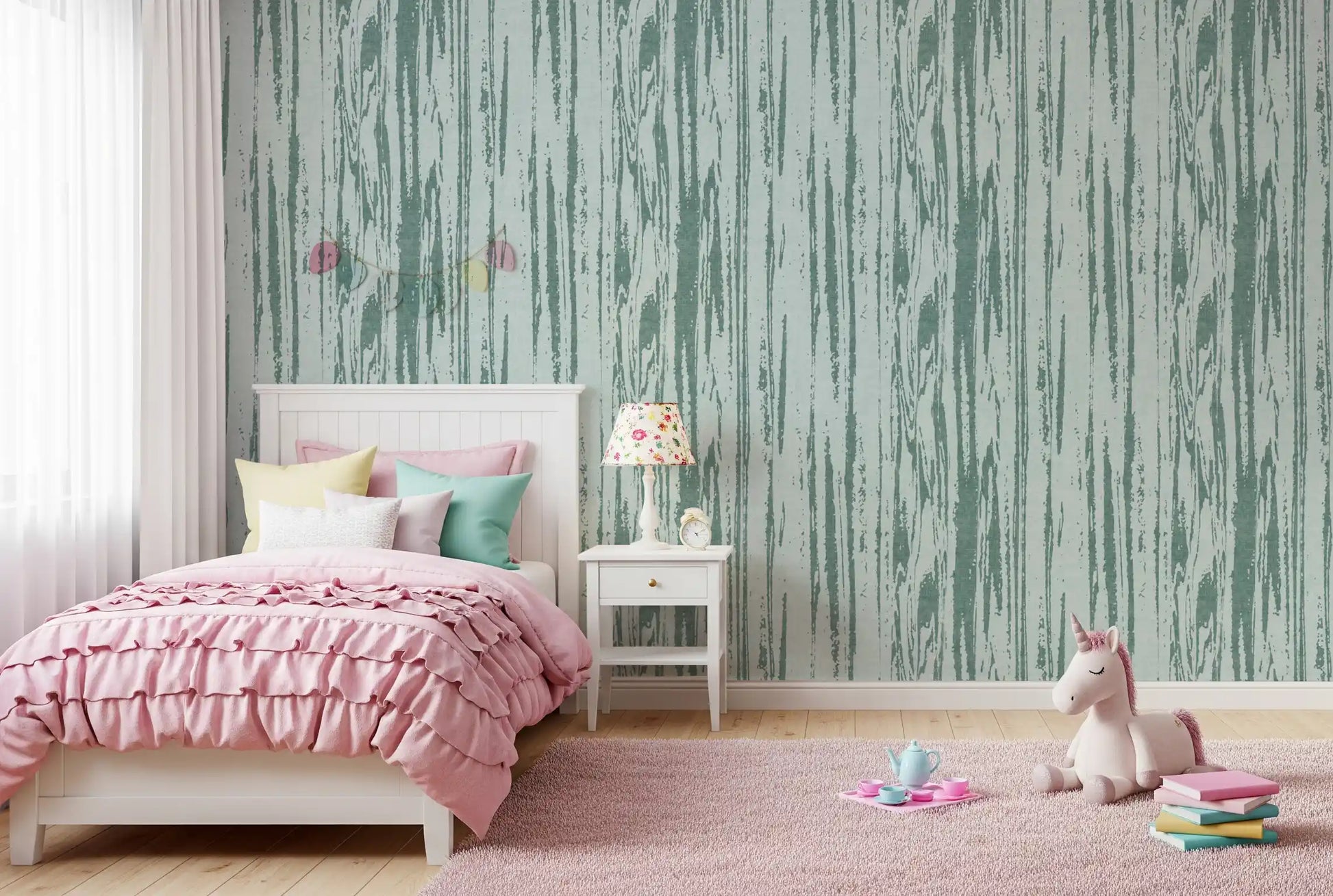 Contemporary striped wallpaper featuring soft seafoam and sage hues in kids bedroom.