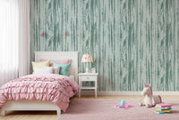 Contemporary striped wallpaper featuring soft seafoam and sage hues in kids bedroom.