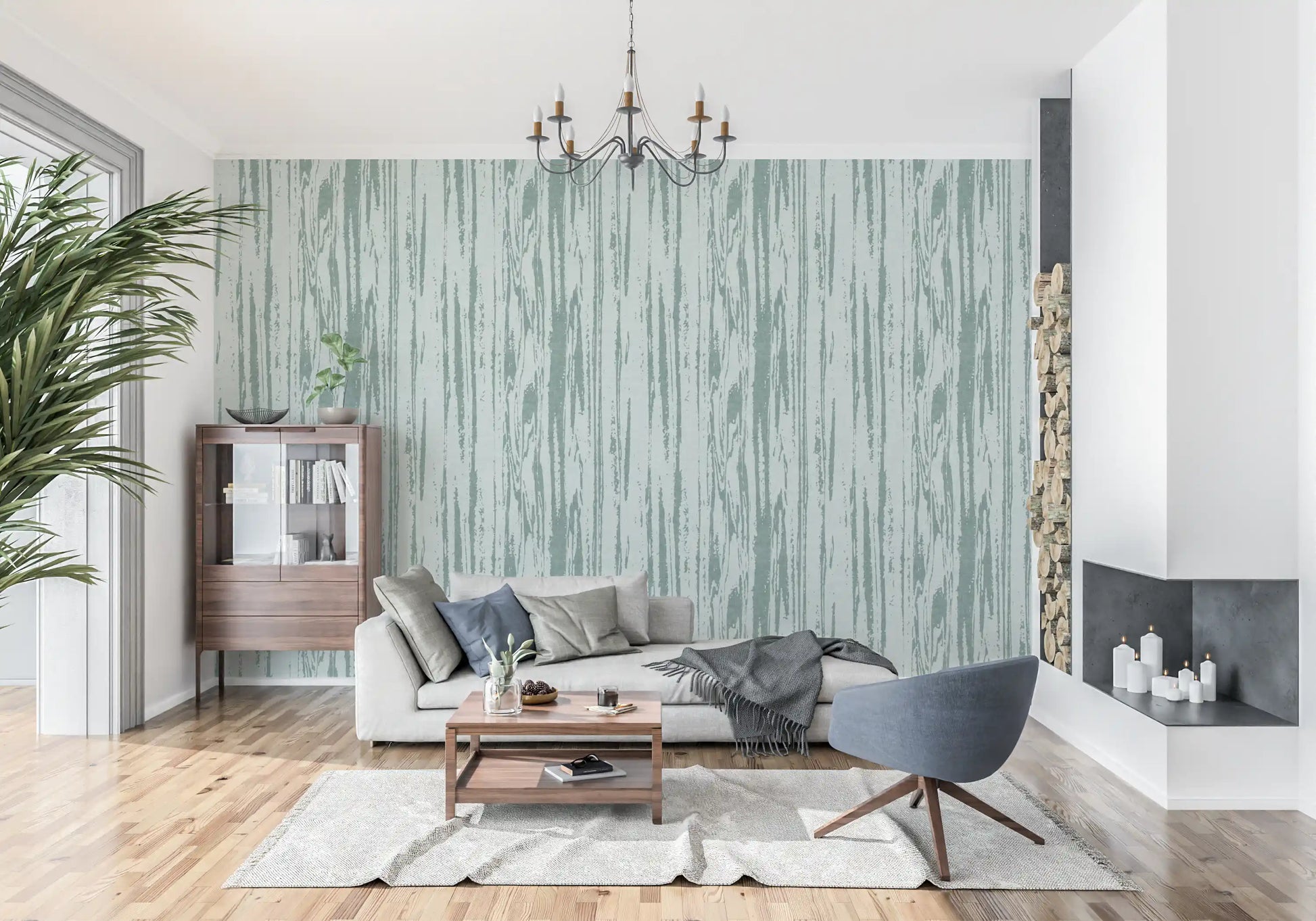 Modern abstract wallpaper with organic flowing line art in living room.