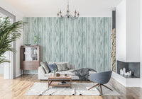 Modern abstract wallpaper with organic flowing line art in living room.