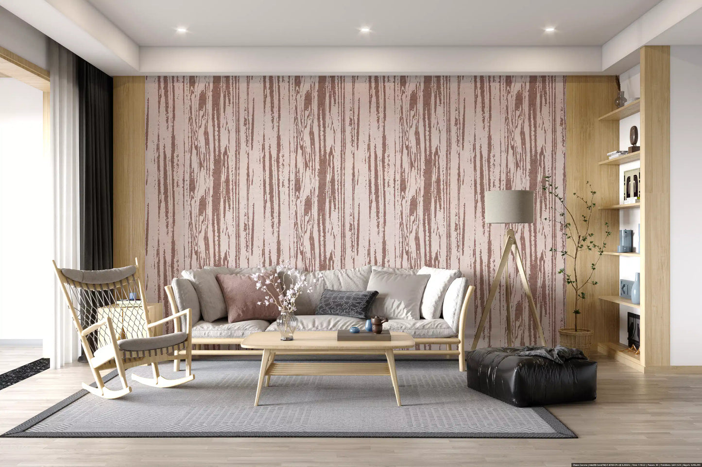 Living room wallpaper with abstract distressed wood pattern in neutral tones