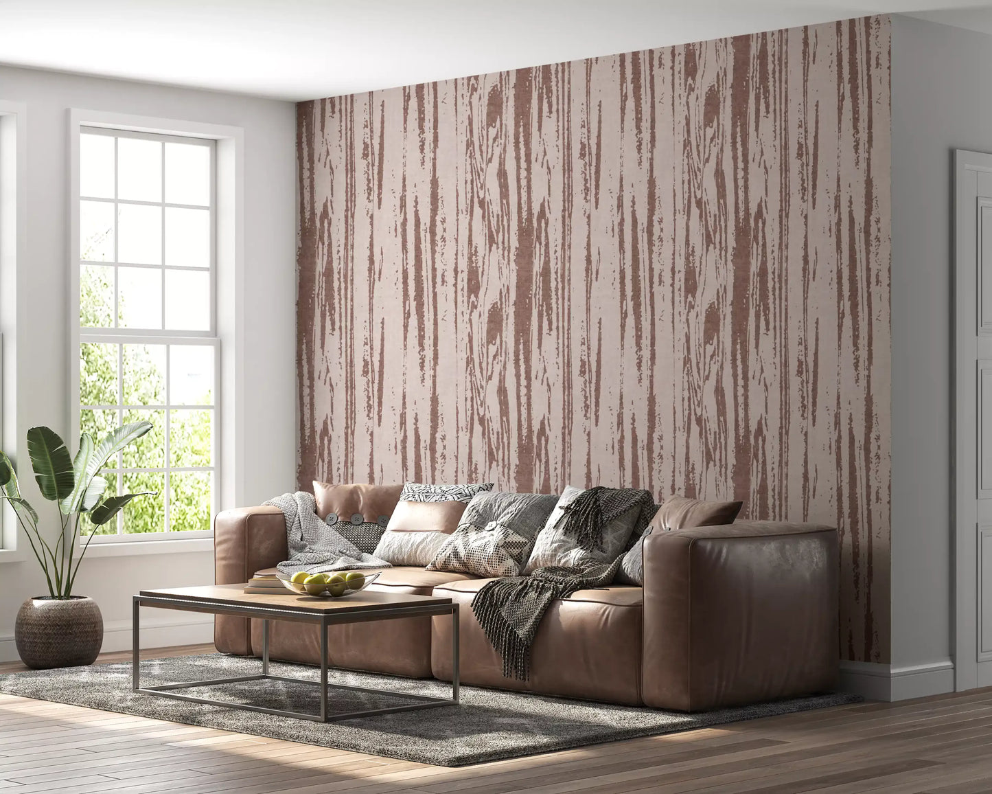 Living room wallpaper displaying dusty rose wood grain textured surface 