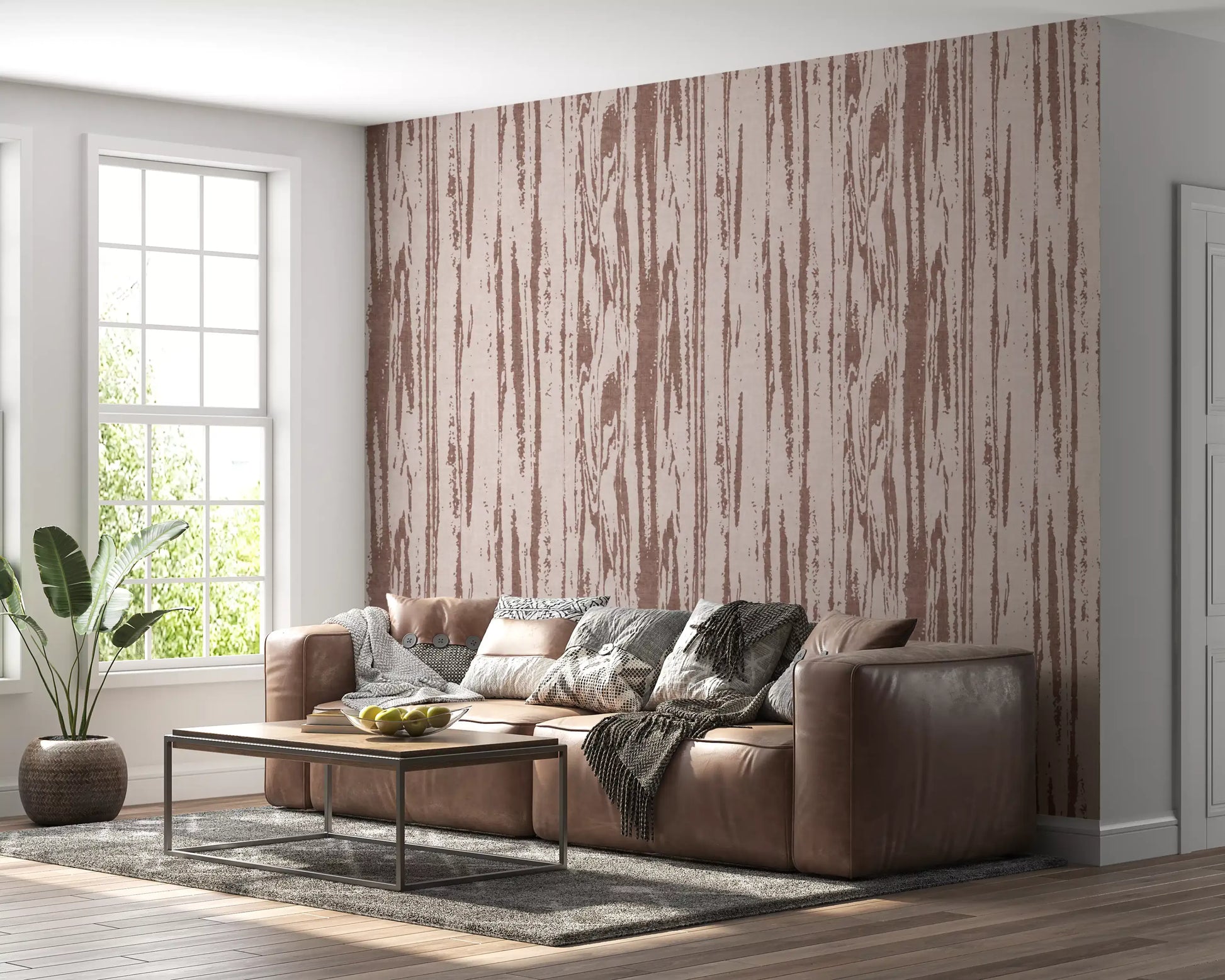 Living room wallpaper displaying dusty rose wood grain textured surface 
