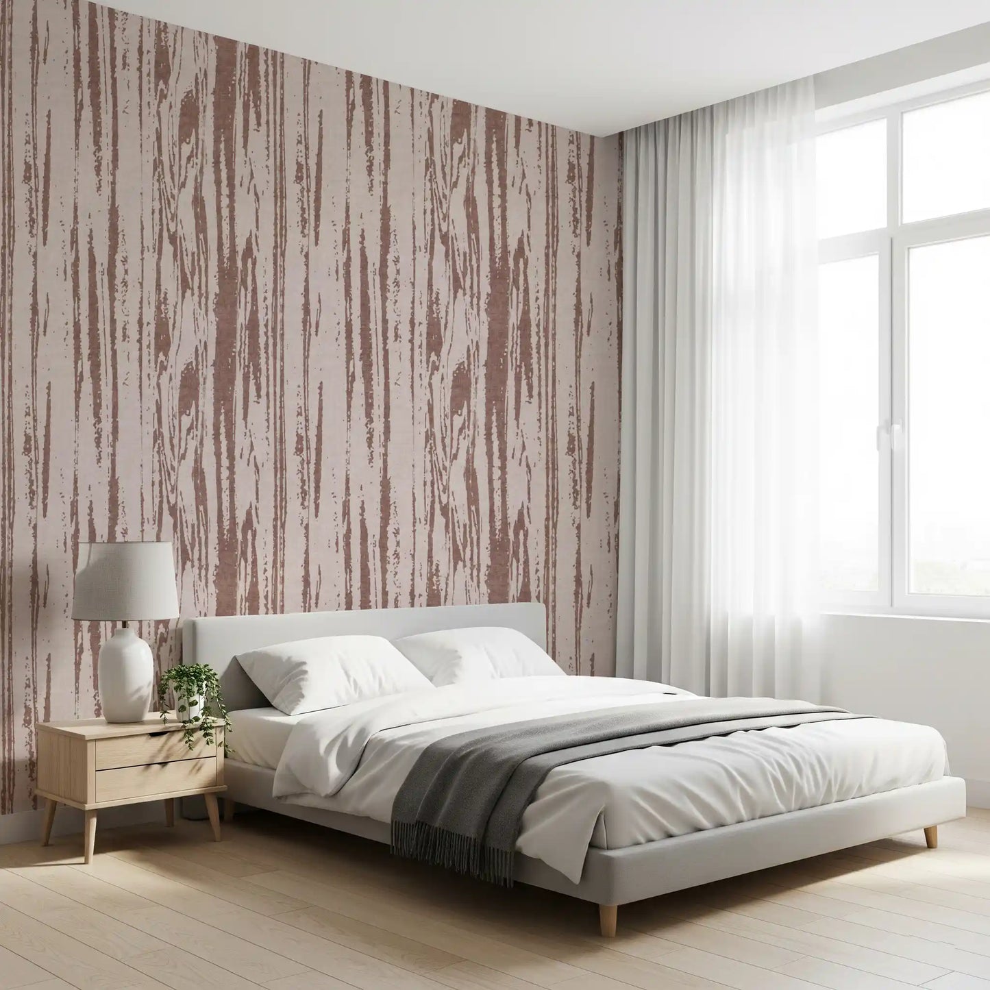 Textured wallpaper featuring distressed woodgrain in dusty rose palette.