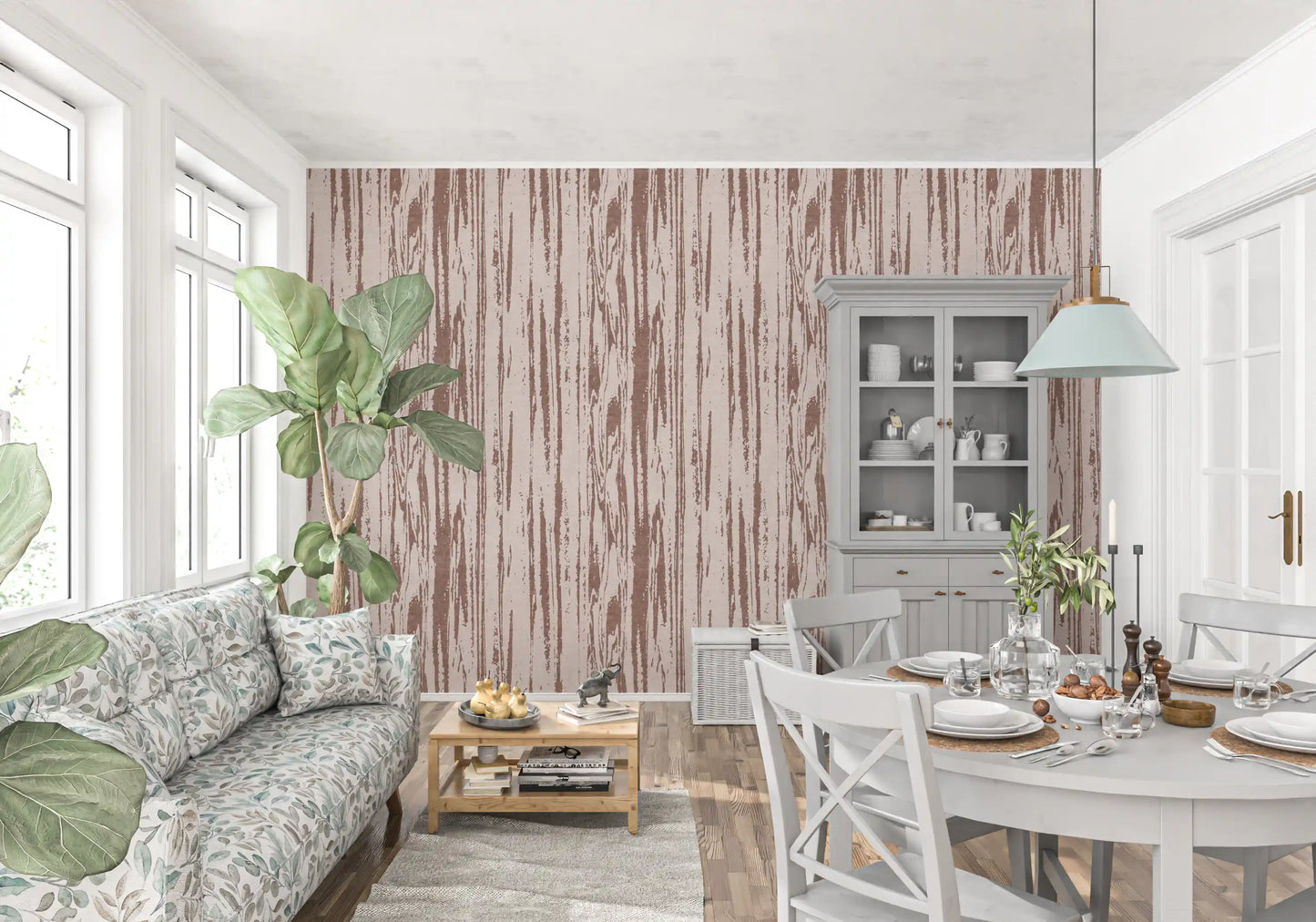 Weathered grain pattern wallpaper with cream background and taupe details
