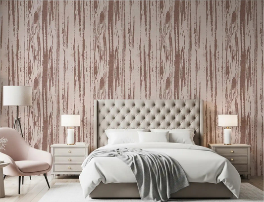 Bedroom wallpaper with soft dusty rose and taupe wood texture design.