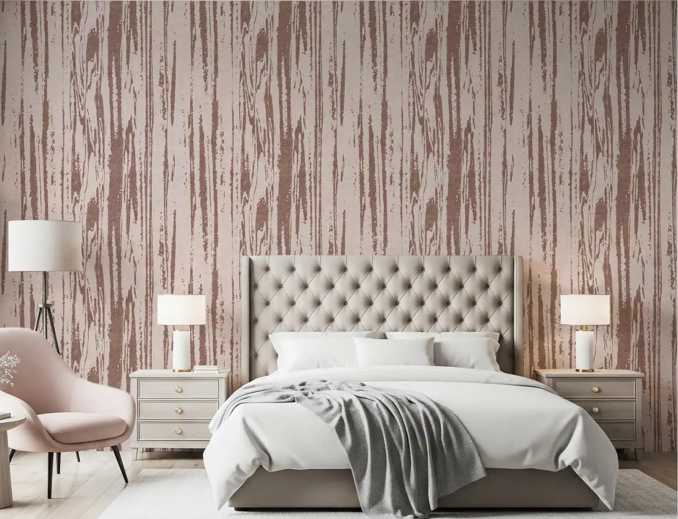 Bedroom wallpaper with soft dusty rose and taupe wood texture design.