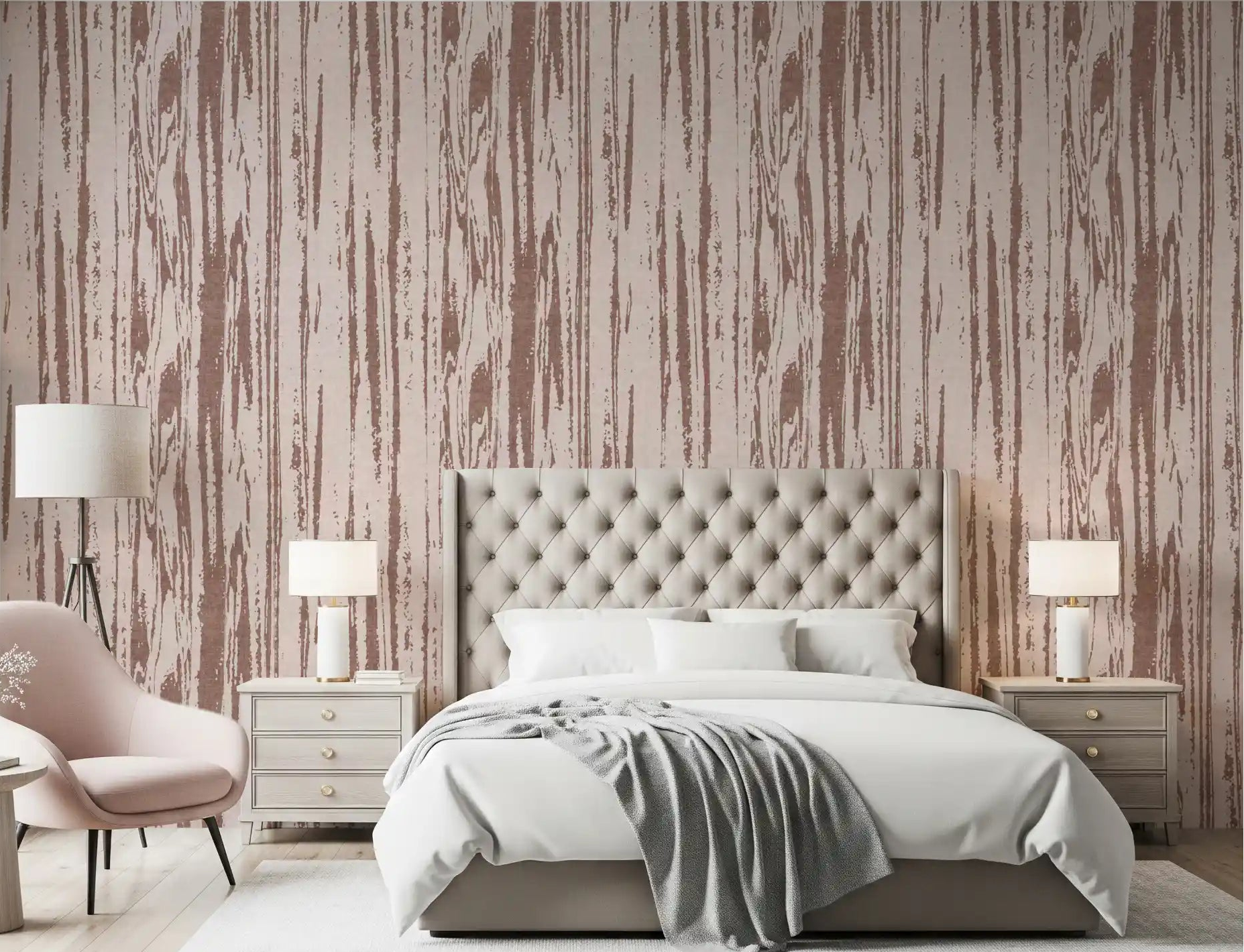 Bedroom wallpaper with soft dusty rose and taupe wood texture design., GD9993