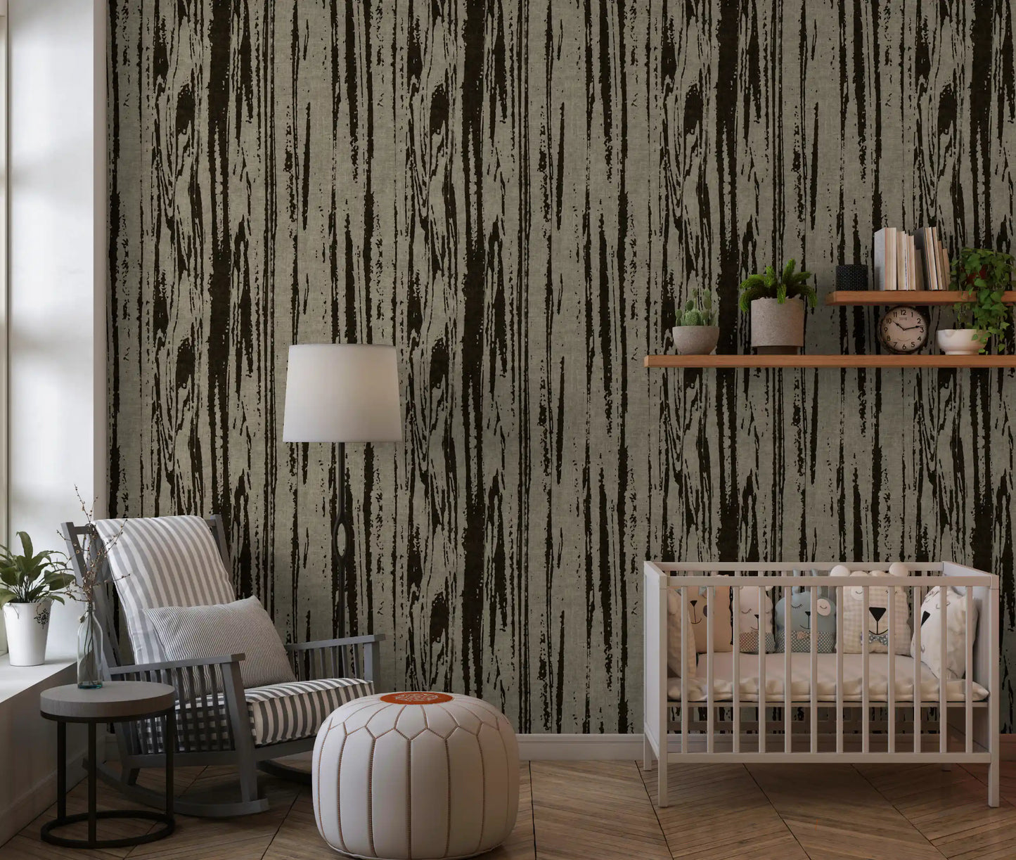 Textured wallpaper featuring natural wood grain patterns in walnut and umber tones.