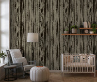 Textured wallpaper featuring natural wood grain patterns in walnut and umber tones.