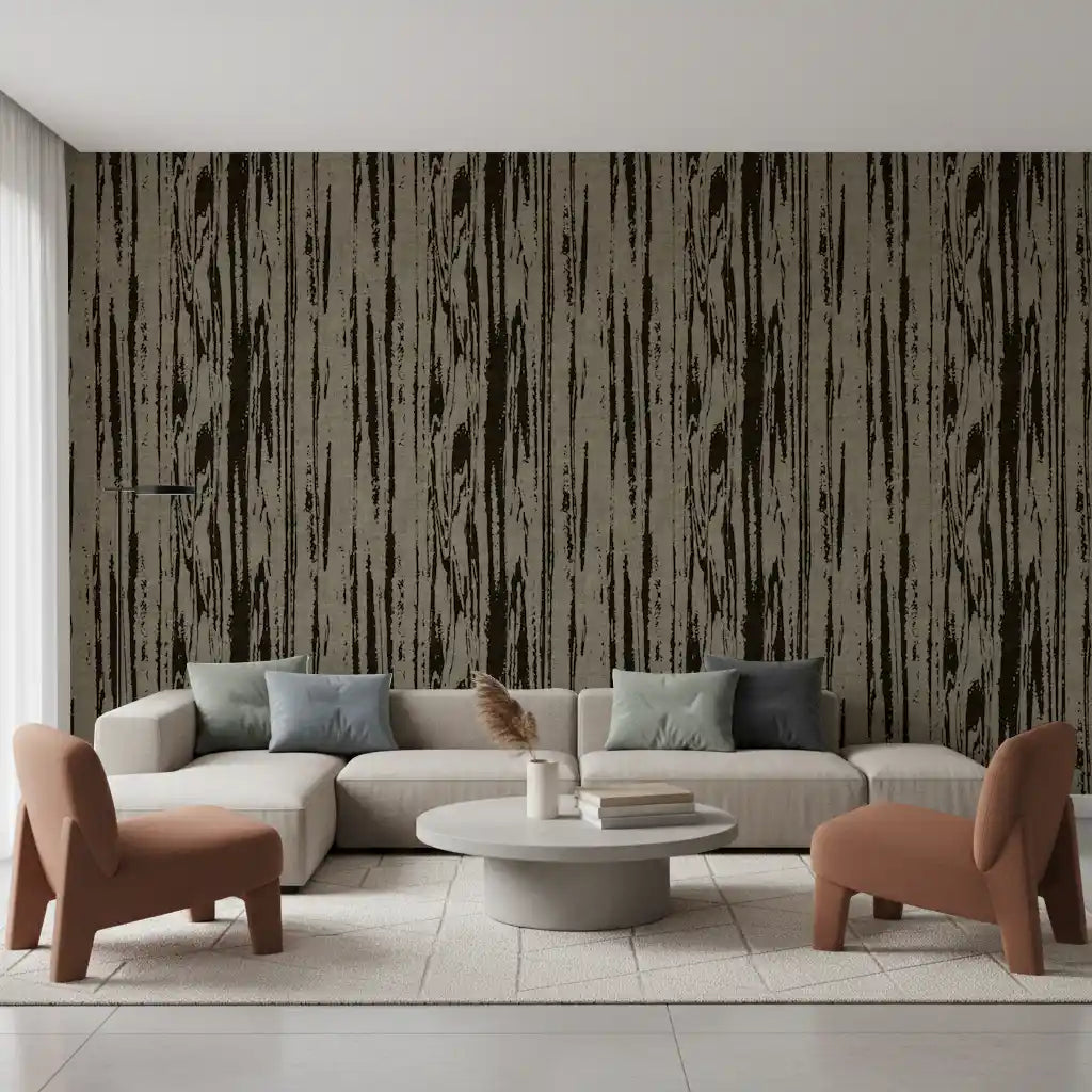 Modern abstract woodgrain wallpaper with vertical organic lines and realistic wood texture.