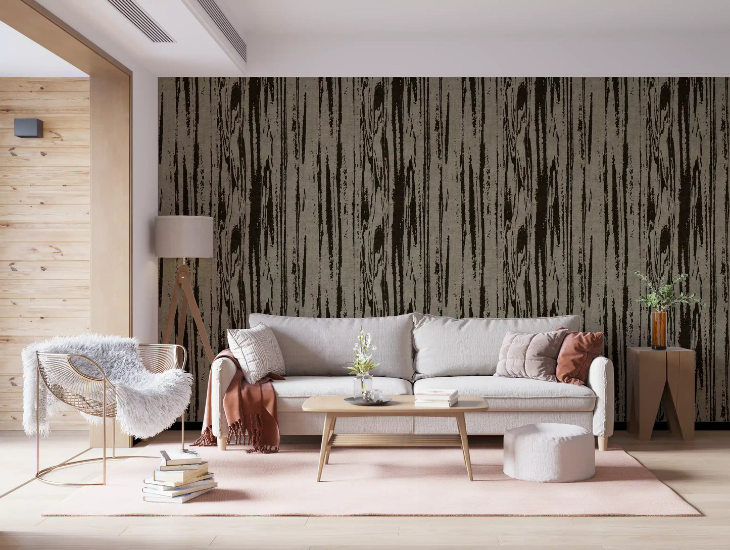 Walnut and umber toned wallpaper with organic vertical elements and wood grain details.