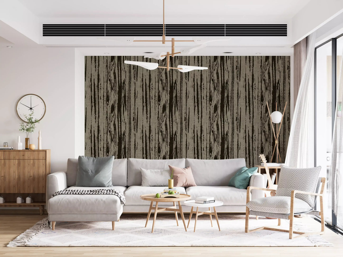 Hallway wallpaper with abstract woodgrain design and vertical striations for professional spaces.