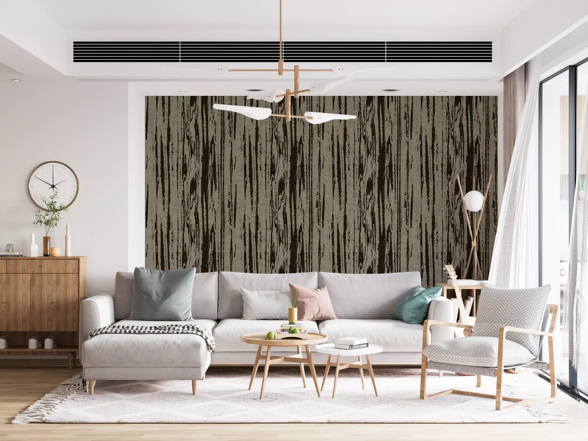 Hallway wallpaper with abstract woodgrain design and vertical striations for professional spaces.