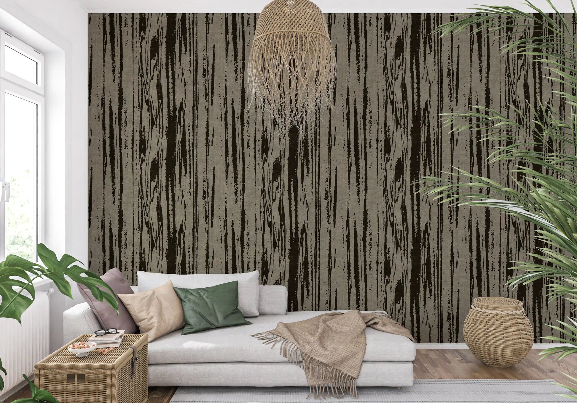 Living room wallpaper showcasing organic lines and realistic wood texture in neutral tones. 