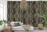 Living room wallpaper showcasing organic lines and realistic wood texture in neutral tones. 