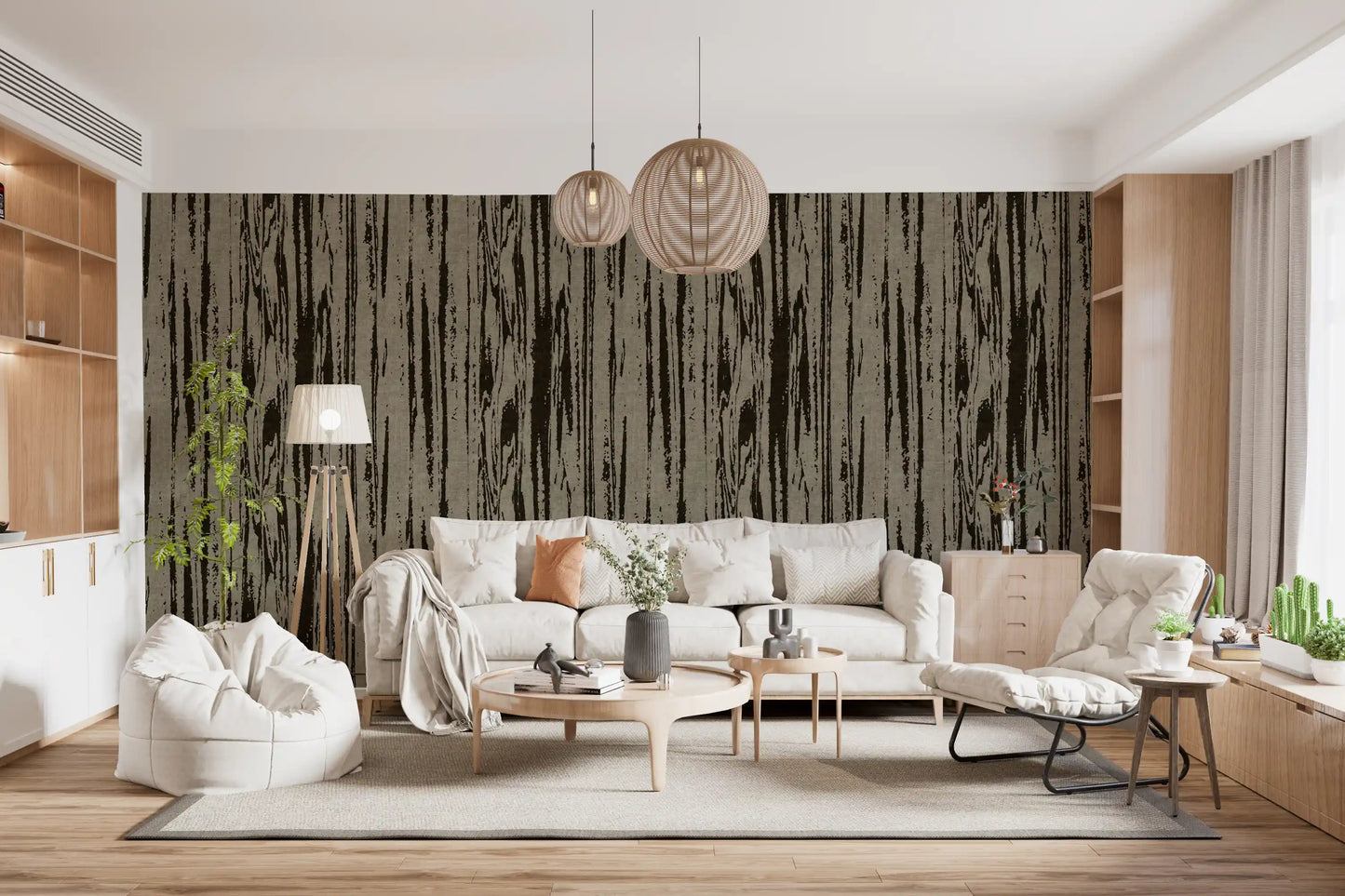 Vertical organic line wallpaper with contemporary woodgrain effect for modern living room.
