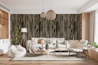 Vertical organic line wallpaper with contemporary woodgrain effect for modern living room.