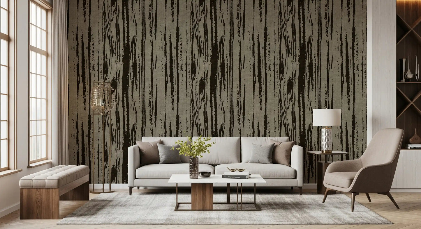 Textured wallpaper combining modern abstract design with authentic woodgrain character.