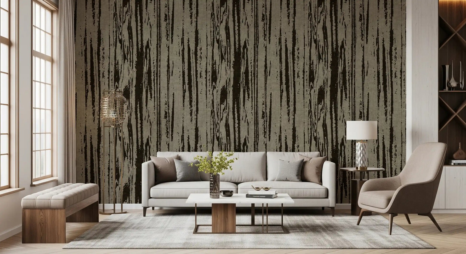 Textured wallpaper combining modern abstract design with authentic woodgrain character.