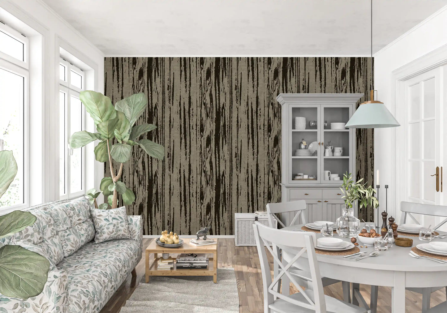 Contemporary wood texture wallpaper with organic line work and natural material appearance