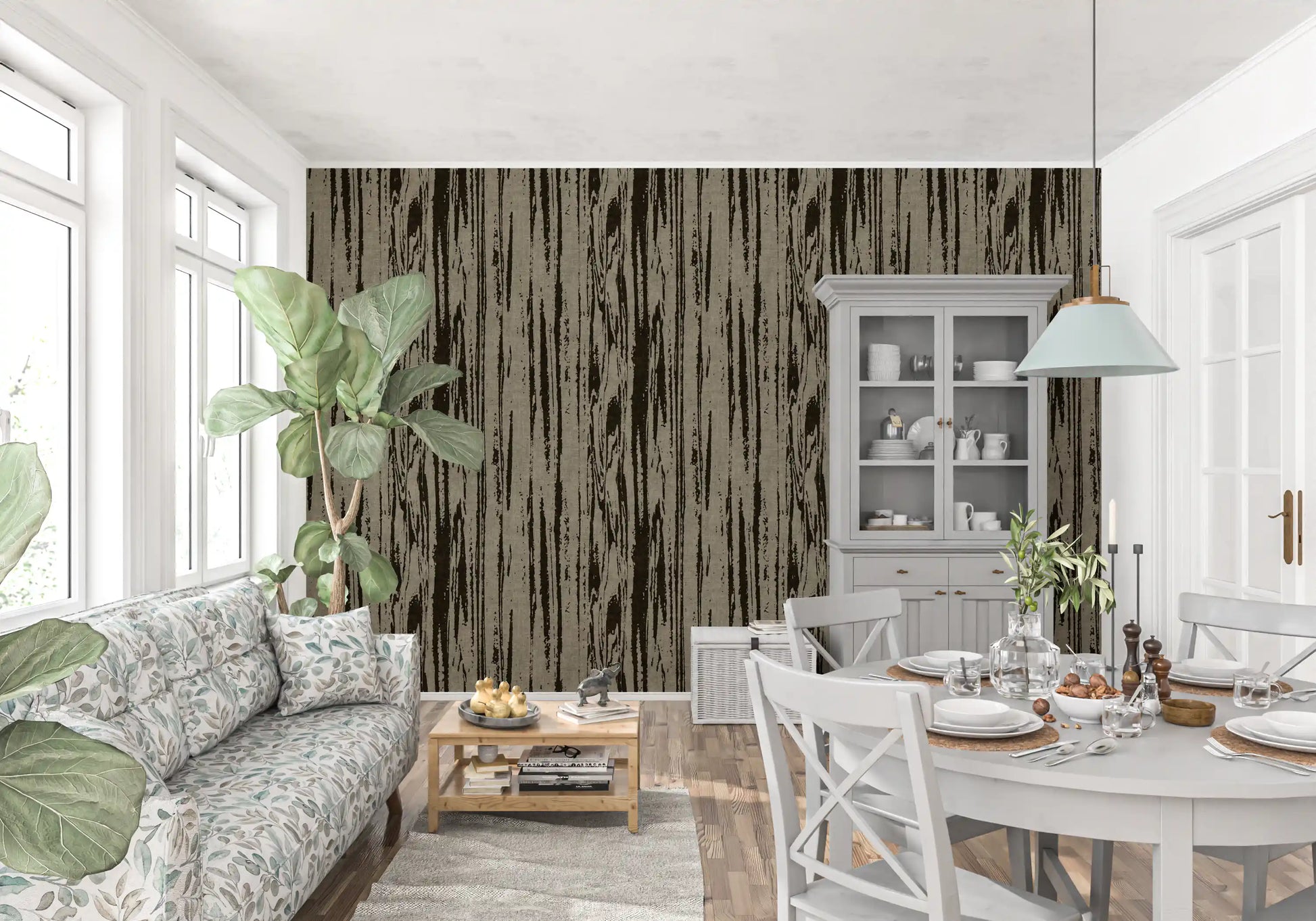 Contemporary wood texture wallpaper with organic line work and natural material appearance