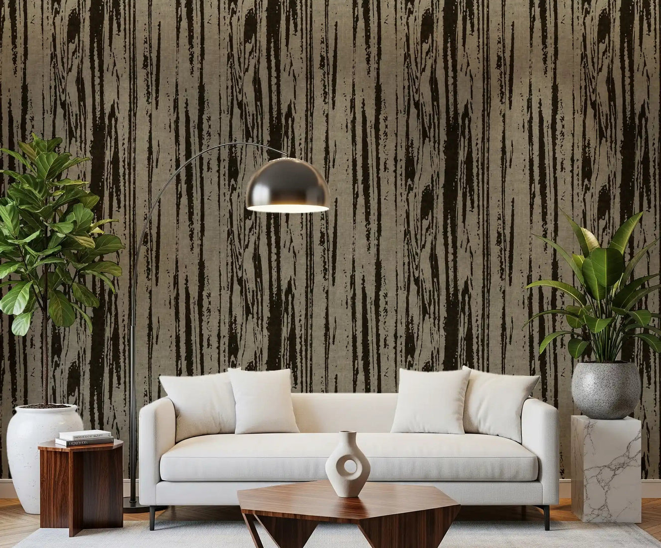 Living room wallpaper with modern abstract woodgrain pattern and contemporary texture.