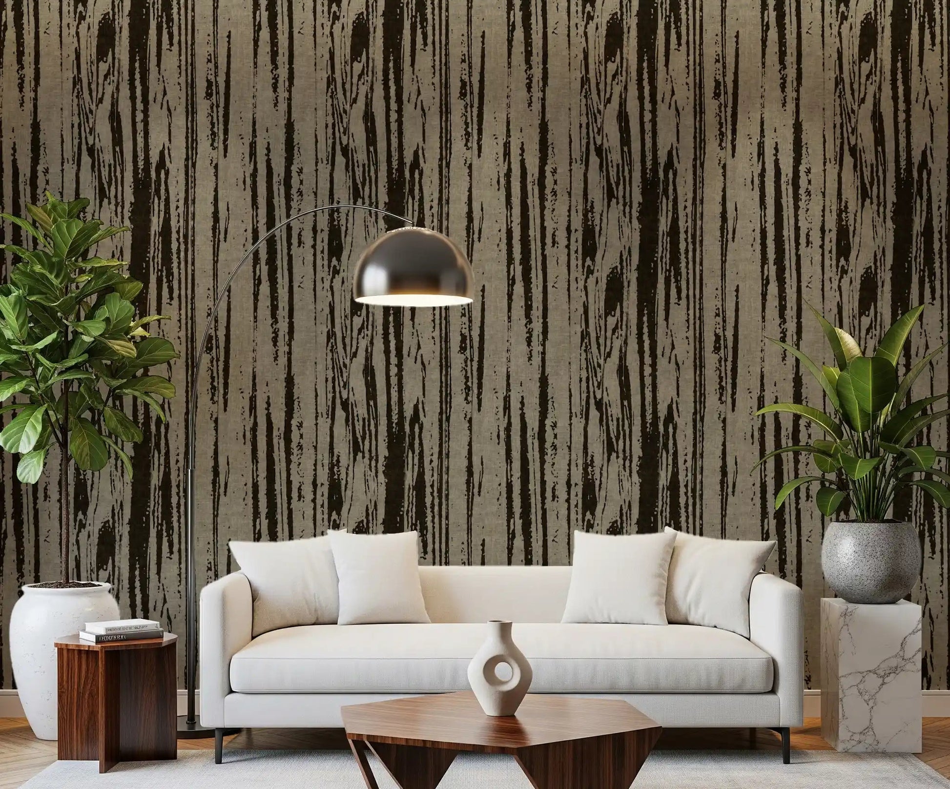 Living room wallpaper with modern abstract woodgrain pattern and contemporary texture.