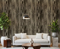 Living room wallpaper with modern abstract woodgrain pattern and contemporary texture.