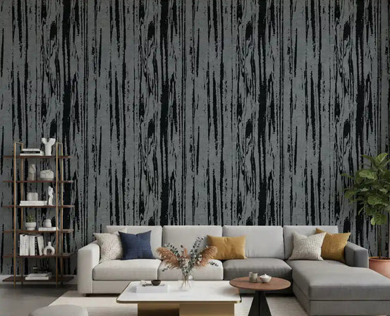 Charcoal grey woodgrain wallpaper with vertical organic lines and textured surface in living room., GD9995