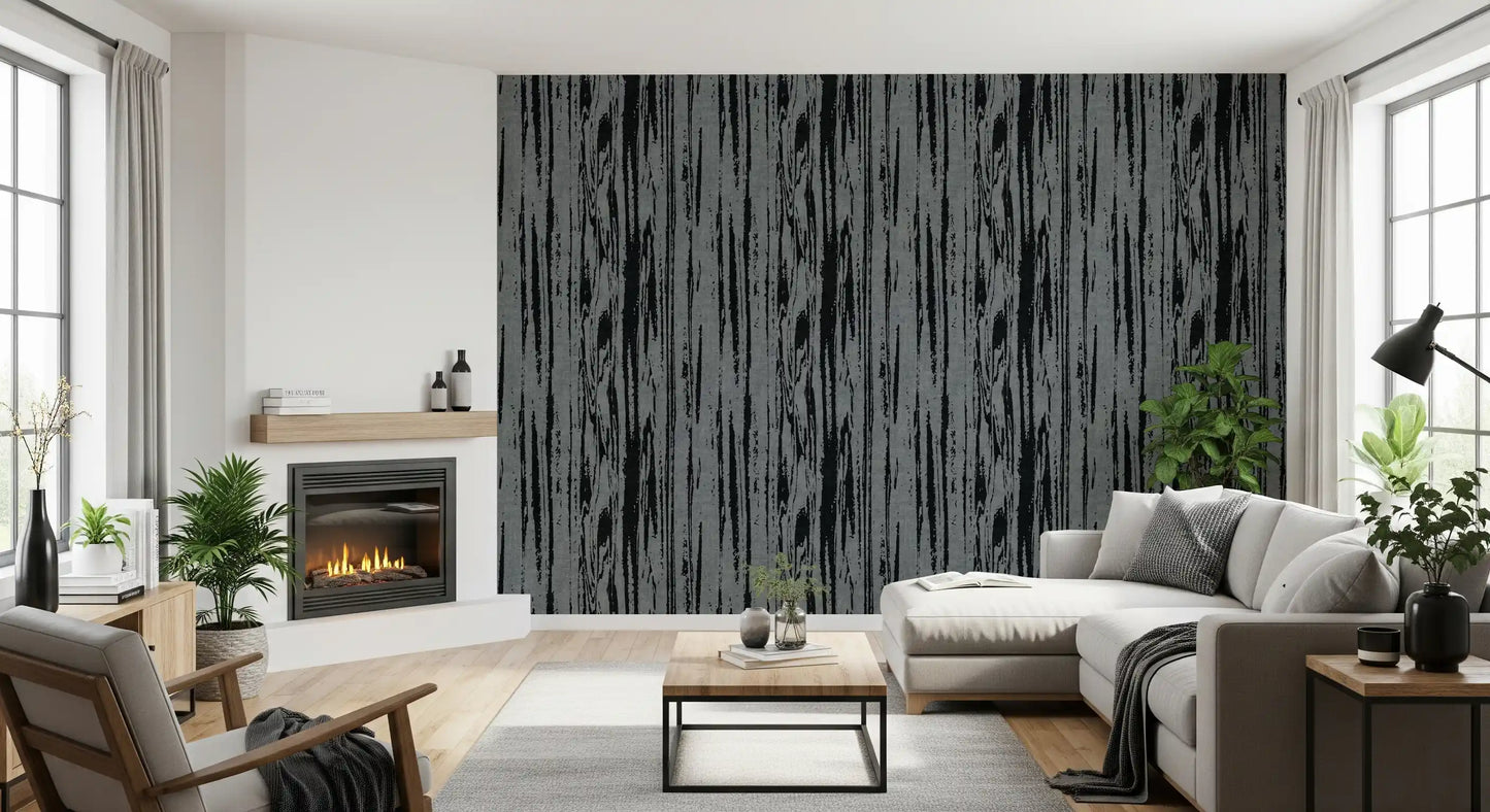 Contemporary textured wallpaper with charcoal, grey, and cream tones and organic linear movement.