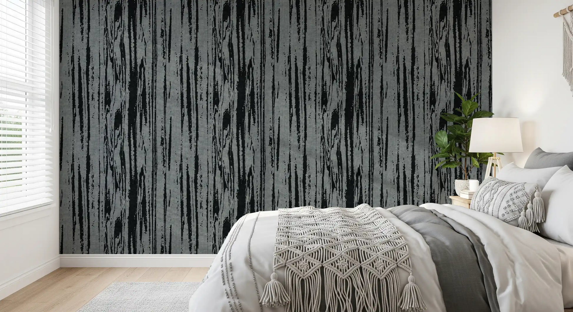 Modern textured wallpaper showing natural wood-like grain effect in bedroom.