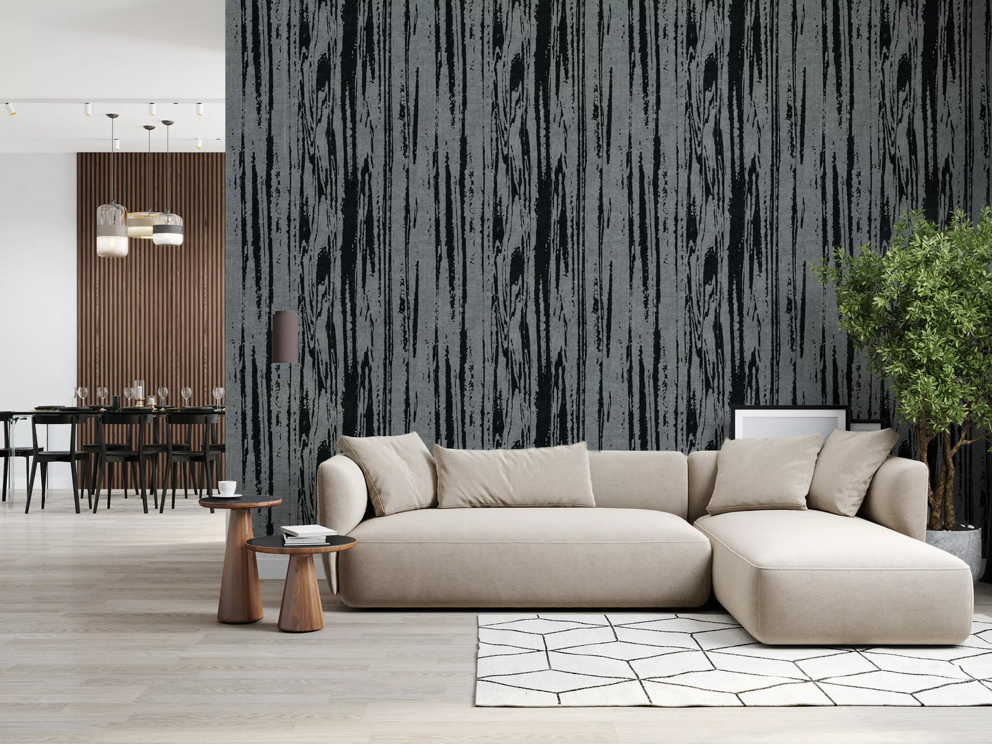 Woodgrain-inspired abstract wallpaper in monochrome palette suitable for hallway interiors.