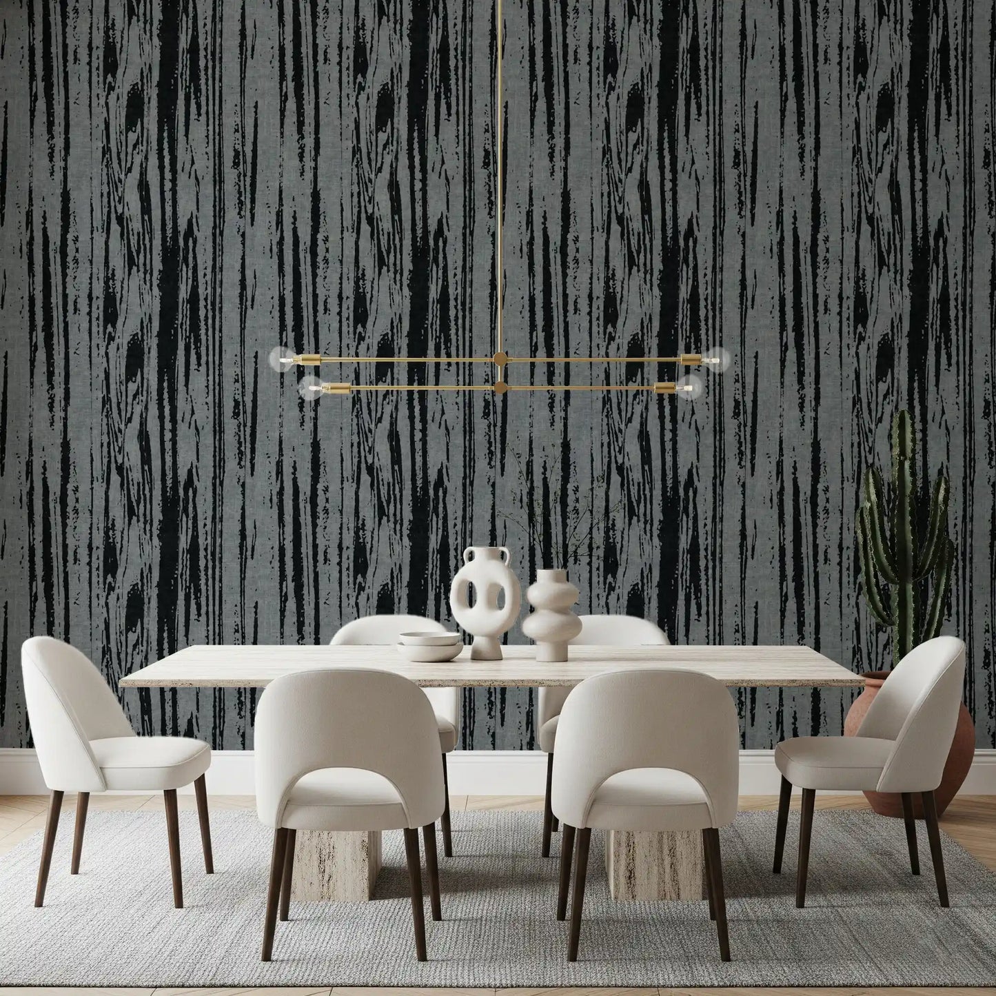 Textured wallpaper with charcoal and cream tones in dining room.
