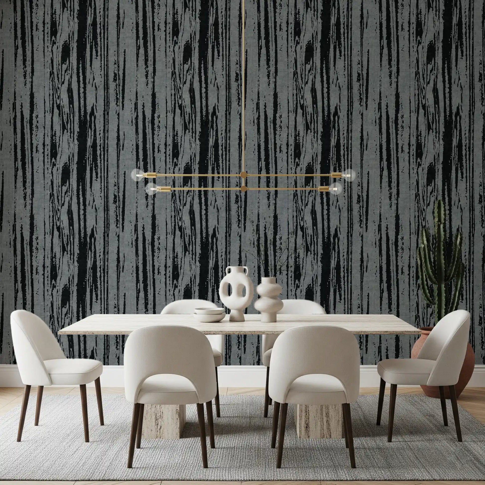Textured wallpaper with charcoal and cream tones in dining room.