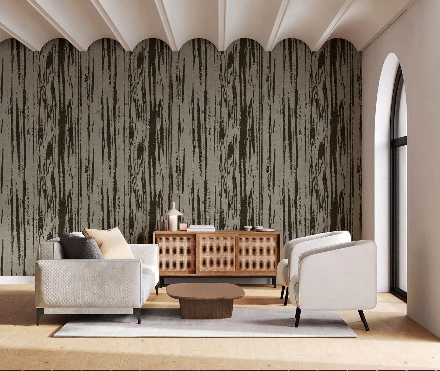 Abstract linear wallpaper creating natural material aesthetic without repetition.