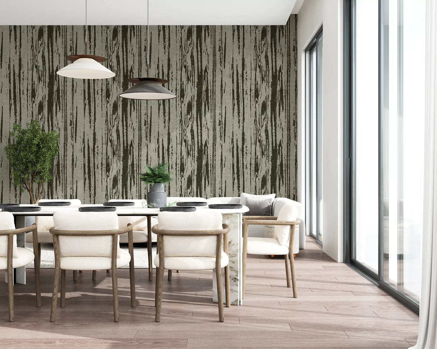 Organic vertical grain wallpaper suitable for dining and contemporary spaces.