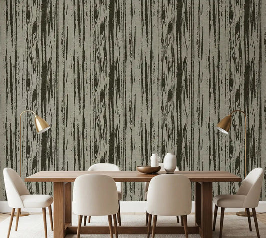 Vertical abstract woodgrain wallpaper with organic linear striping detail in dining room.