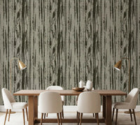 Vertical abstract woodgrain wallpaper with organic linear striping detail in dining room.