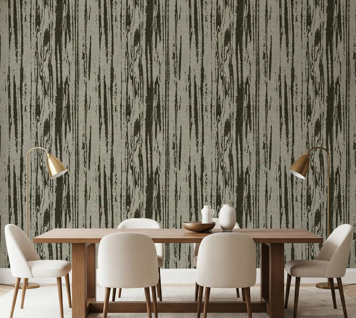 Vertical abstract woodgrain wallpaper with organic linear striping detail in dining room., GD9996