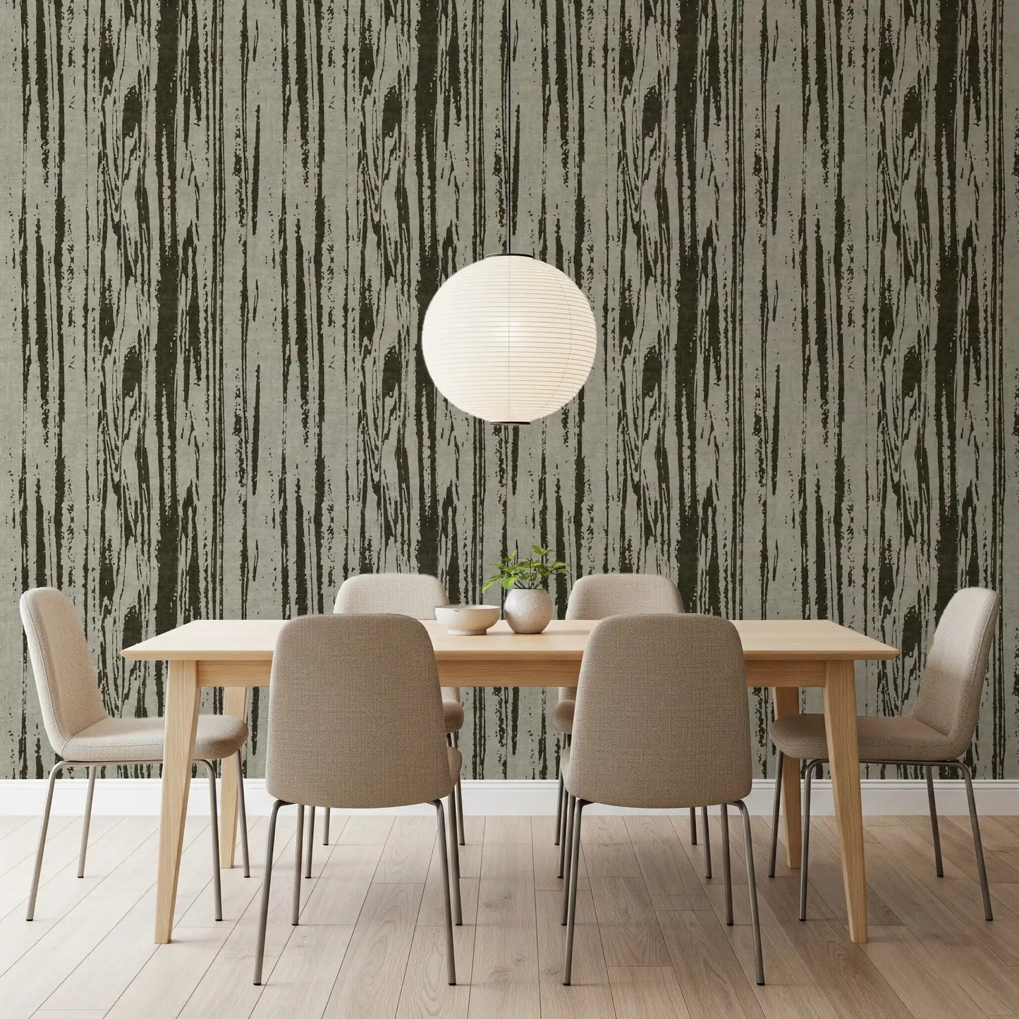 Dining area wall wallpaper with vertical grain and linear abstract pattern. 