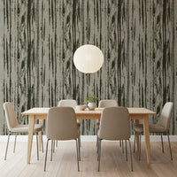 Dining area wall wallpaper with vertical grain and linear abstract pattern. 