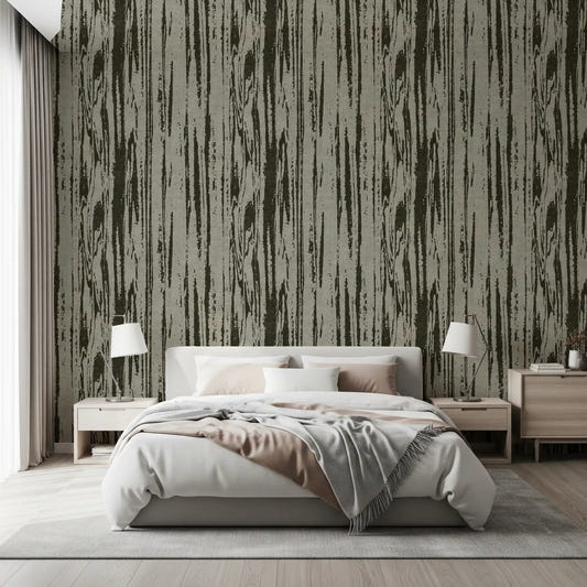 Layered texture wallpaper showing alternating light and dark grain stripes in bedroom.